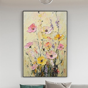 Original Flower Oil Painting on Canvas, Abstract Colorful Bloom Painting Modern Landscape Painting Custom Texture Wall Art Living Room Decor