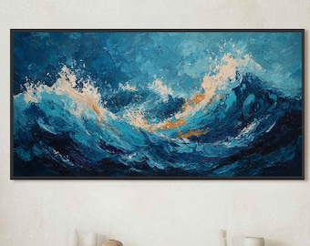 Original Abstraktes Ölgemälde Blau & Weiß, Impasto Wandbild, Große Küstenlandschaft Ölgemälde, Moderne Marine Wohnkultur