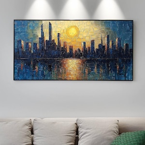 Abstracte stad zonsopgang olieverfschilderij op canvas, originele moderne stedelijke landschap getextureerde kunst, skyline van de stad schilderij, muur decor woonkamer