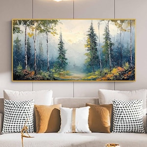 Original Forest Oil Painting on Canvas, Green Tree Wall Art, Abstract Forest Scenery Painting, Custom Large Wall Art, Living Room Home Decor