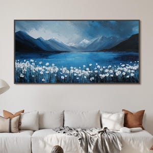 Original Textured Blue Mountain Painting, Modern Lake View Wall Art, Large Nature Landscape Canvas Art, Custom Painting, Living Room Decor