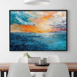 Large Original Blue Ocean Landscape Oil Painting on Canvas, Abstract Orange Sunset Seascape Art, Custom Textured Wall Art Living Room Decor
