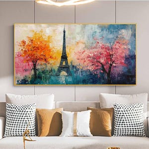 Original Paris Oil Painting on Canvas, Large Wall Art, Abstract Eiffel Tower Art, Colorful Tree Wall Art, Custom Painting, Living Room Decor