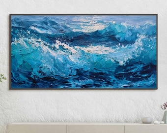 Sea Wave Oil Painting, Coastal Ocean Wall Art, Blue Seascape Canvas Art, Beach House Home Decor, Nautical Water Painting