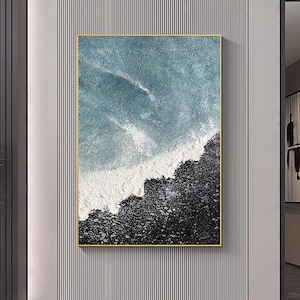 Original Abstract Beach Seascape Oil Painting on Canvas, Large Ocean Waves Painting, Modern Texture Wall Art, Minimalist Bedroom Wall Decor