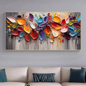 Large 3D Textured Floral Oil Painting on Canvas, Boho Wall Decor, Colorful Flower Petals Painting, Custom Modern Wall Art, Living Room Decor