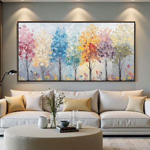 Original Colorful Trees Oil Painting, Large Abstract Forest Landscape Wall Art, Custom Textured Woodland Painting, Vibrant Living Room Decor
