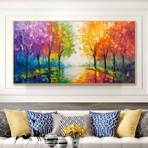Original Tree Oil Painting on Canvas, Colorful Forest Wall Art, Large Canvas Art, Hand-painted Impasto Textured Painting, Living Room Decor