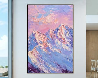 Snow Mountain Sunset Oil Painting, Pink Purple Sky Impasto Wall Art, Alpine Peak Landscape Canvas Art, Winter Nature Scenic Home Decor