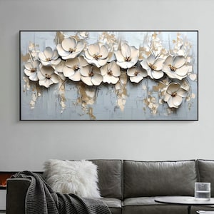 Large Abstract White Flower Oil Painting on Canvas, Original Texture Floral Wall Art Decor, Blooming Flower Painting, Living Room Home Decor