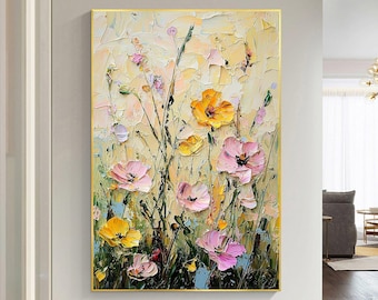 Textured Floral Oil Painting on Canvas, Abstract Flower Wall Art