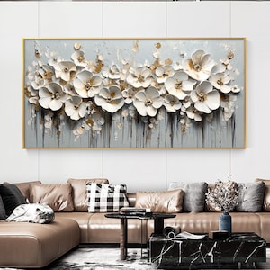Abstract White Flower Oil Painting on Canvas, Original 3D Texture Floral Wall Art, Large Blooming Flowers Painting, Living Room Home Decor