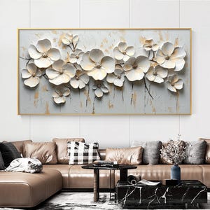 Large Abstract White Flower Oil Painting on Canvas, Original 3D Textured Floral Painting, Blooming Flowers Wall Art, Living Room Wall Decor