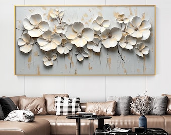 Große weiße Blume Ölgemälde auf Leinwand, 3D strukturierte Blumenwandkunst