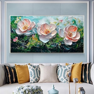 Pink and White Flower Wall Art, Large Original 3D Texture Painting, Green Heavy Textured Floral Wall Art, Custom Painting, Living Room Decor
