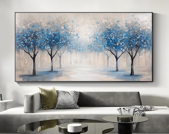 Blue Forest Canvas Oil Painting, Large Tree Wall Art