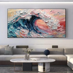 Abstract Colorful Ocean Wave Oil Painting on Canvas, Large Original Ocean View Wall Art, 3D Textured Impasto Painting, Living Room Decor Art