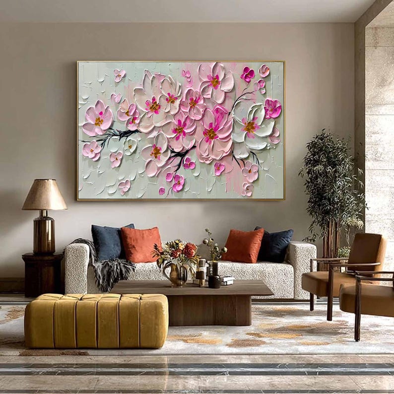 Textured Pink Floral Oil Painting, Large Cherry Blossom Wall Art ...