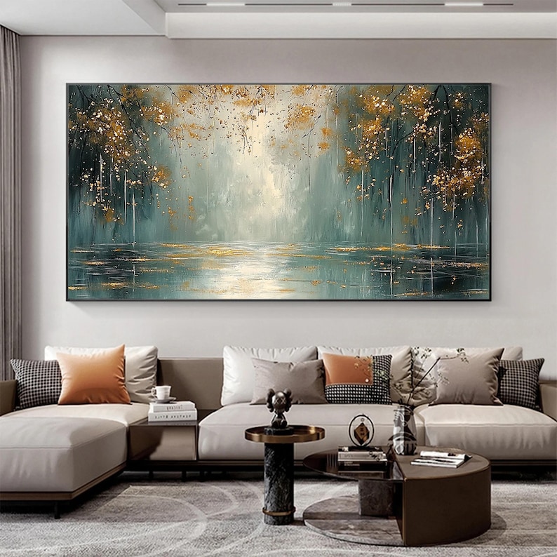 Original Fancy Minimalist Textured Oil Painting, Abstract Brilliant Rive Painting, Large Tree Landscape Wall Art, Sofa Background Wall Decor