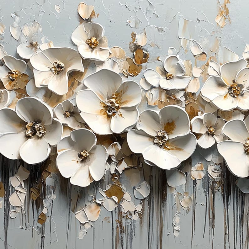 Abstract White Flower Oil Painting on Canvas, Original 3D Texture ...