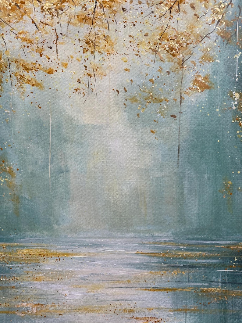 Original Fancy Minimalist Textured Oil Painting, Abstract Brilliant Rive Painting, Large Tree Landscape Wall Art, Sofa Background Wall Decor