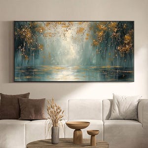 May include: Abstract painting of a forest scene with a lake in the foreground. The trees are painted in shades of green and blue, with gold accents. The lake is a light blue with gold highlights. The painting has a calming and serene feel.