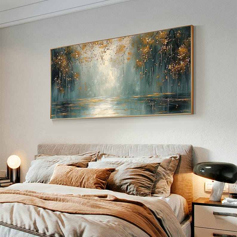 Original Fancy Minimalist Textured Oil Painting, Abstract Brilliant Rive Painting, Large Tree Landscape Wall Art, Sofa Background Wall Decor