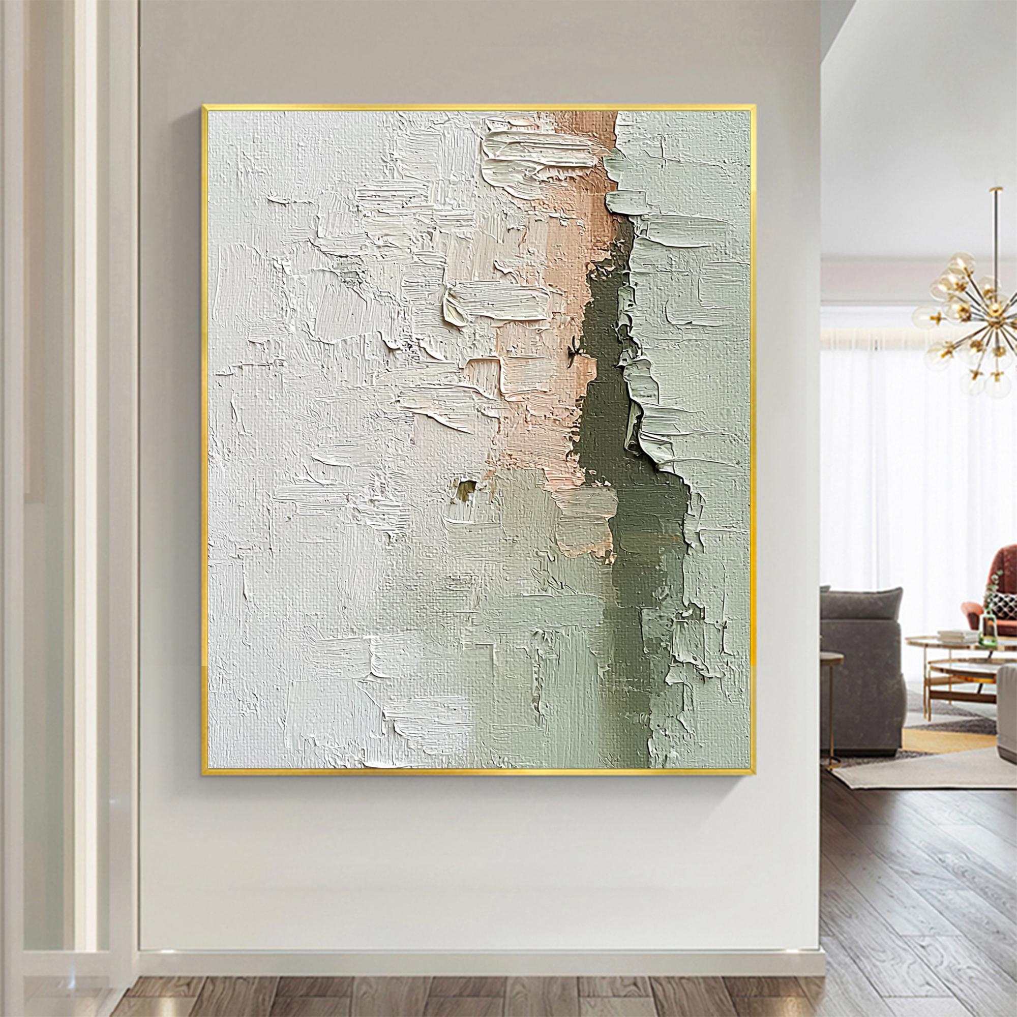 View of Large Minimalist Oil Painting on Canvas, Original Beige and Green ...