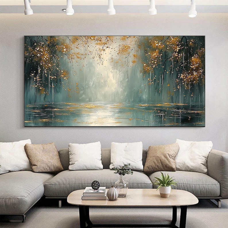 Original Fancy Minimalist Textured Oil Painting, Abstract Brilliant Rive Painting, Large Tree Landscape Wall Art, Sofa Background Wall Decor