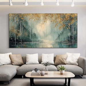 Abstract Forest River Canvas Painting, Original Mountain Texture Wall Art, Large Gold Leaves Autumn Scenery Painting, Living Room Home Decor