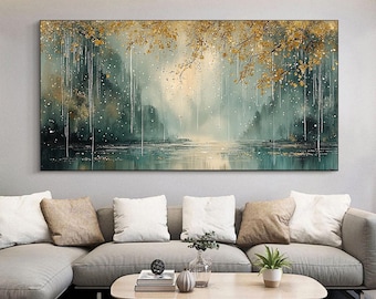 May include: A painting of a serene landscape with a lake in the foreground, surrounded by trees and a misty atmosphere. The trees have golden leaves, creating a warm and inviting feel. The painting is framed and ready to hang.
