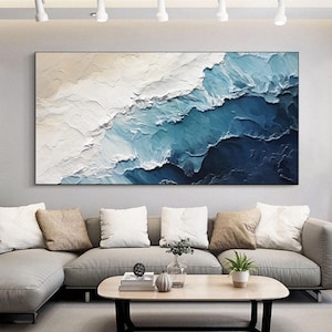 Handgezeichnetes 3D Ocean Texture Gemälde, große abstrakte Strand Leinwand Kunst