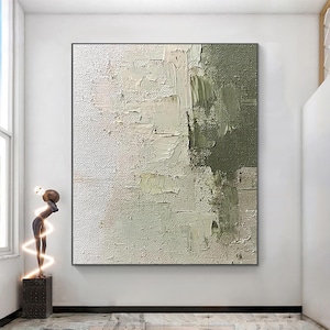 Large Original Green Oil Painting on Canvas, Abstract Beige Wall Art, Custom Painting, 3D Textured Artwork, Modern Living Room Wall Decor