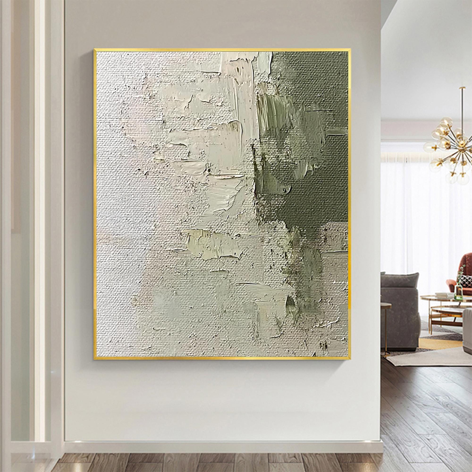 Large Original Green Oil Painting on Canvas, Abstract Beige Wall Art ...