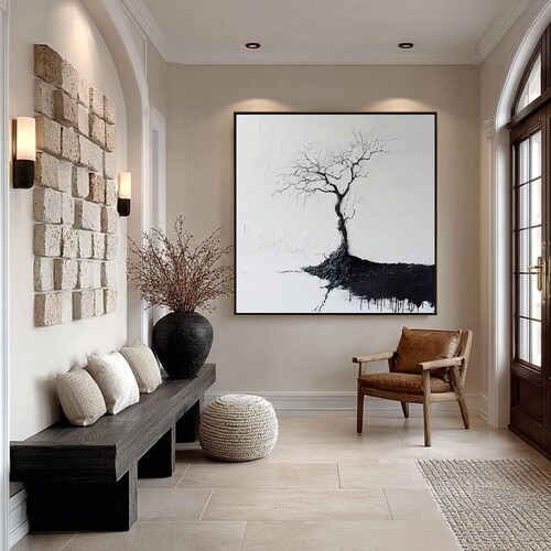 Peinture originale en noir et blanc d'arbre, Texture empâtement 3D, Art Wabi Sabi
