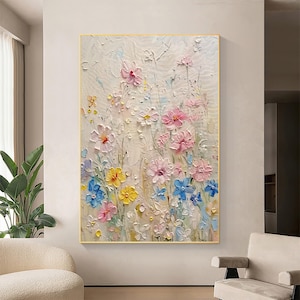 Original Colorful Flower Oil Painting on Canvas, Abstract Texture Blooming Blossom Painting, Large Floral Wall Art, Modern Living Room Decor