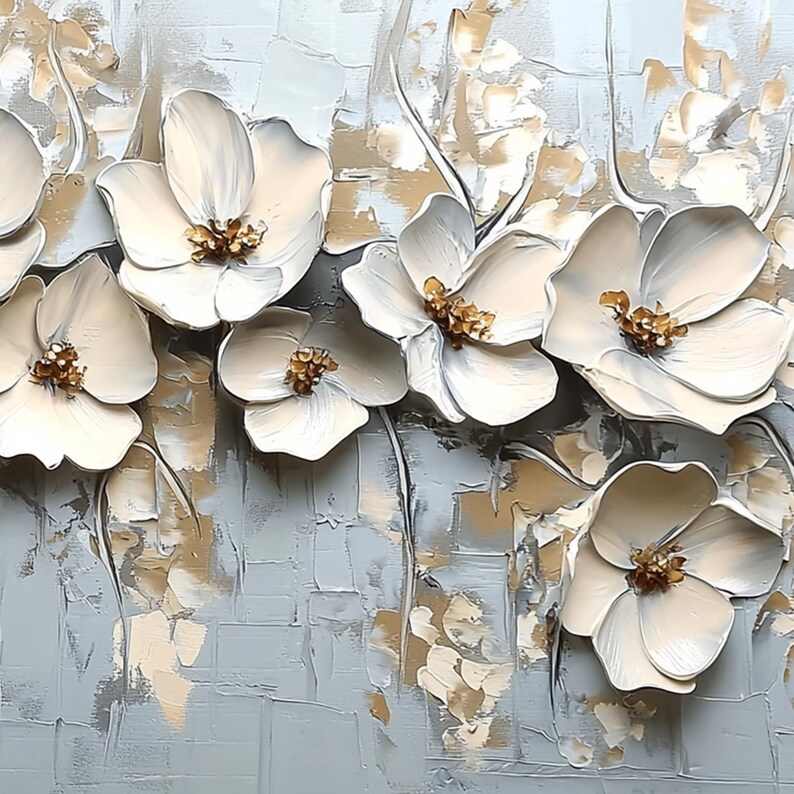 Large Abstract White Flower Oil Painting on Canvas, Original Texture ...