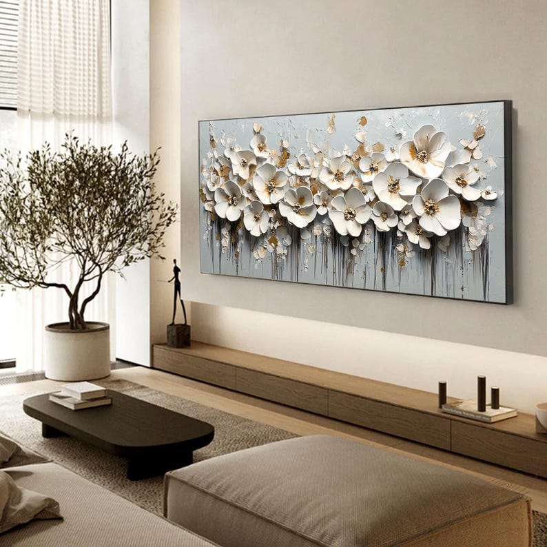 3D White Flower Oil Painting on Canvas, Large Floral Wall Art - Etsy