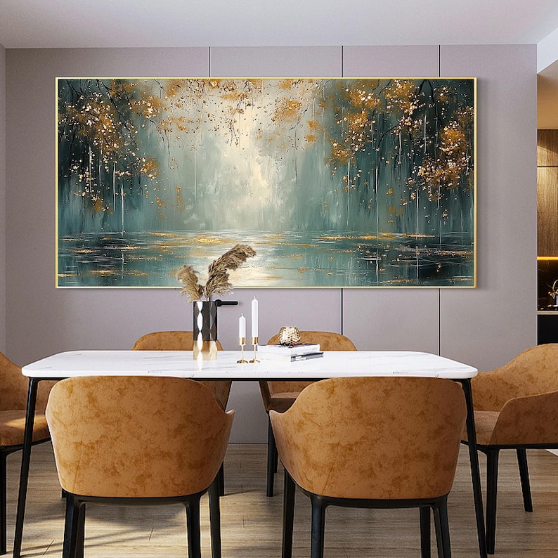 Original Fancy Minimalist Textured Oil Painting, Abstract Brilliant Rive Painting, Large Tree Landscape Wall Art, Sofa Background Wall Decor