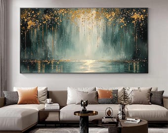 May include: Abstract painting of a forest scene with a lake in the foreground. The painting features a green and blue color scheme with gold accents. The painting is framed and hanging on a wall.