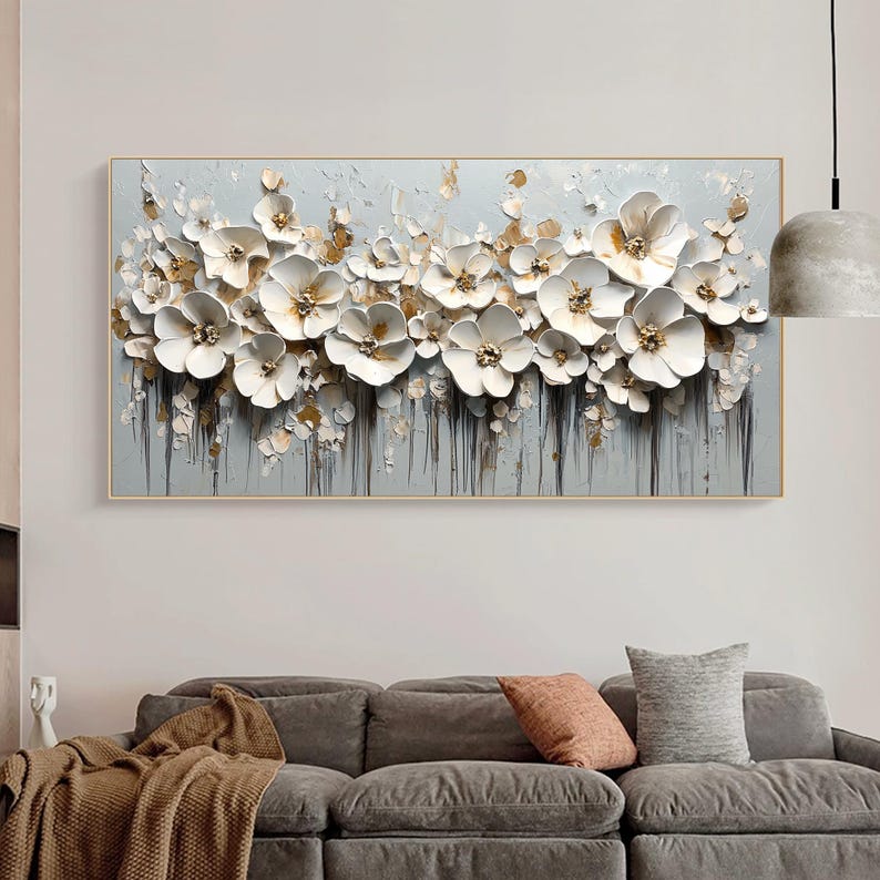 3D White Flower Oil Painting on Canvas, Large Floral Wall Art - Etsy