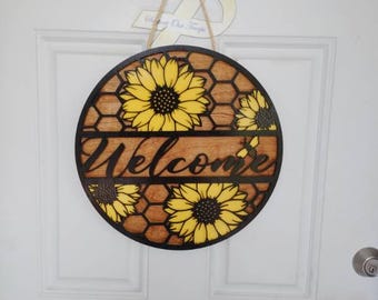 Panneau de bienvenue tournesol, décoration estivale, panneau rond en bois pour accroche-porte de 16 po. Nid d'abeille avec bourdon