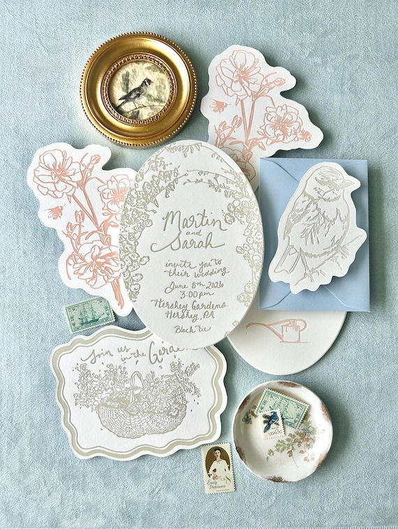 Sonata Letterpress Wedding Invitation Suite, Garden Wedding Invitations, Luxury Wedding Invites, Whimsical, Die-cut- Letterpress Sample