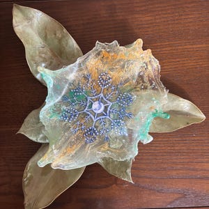 Puede incluir: Un posavasos decorativo de resina con forma de copo de nieve con detalles dorados y azules, sobre un lecho de hojas secas grandes. El posavasos presenta un diseño detallado de copo de nieve azul en el centro, con toques de verde y dorado.