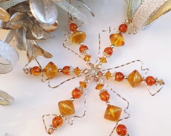 Genuine Baltic Amber Crystal Snowflake Christmas Ornament, Sterling Silver Christmas Gift for Her, Solstice Gift, Gold Snowflake Ornament