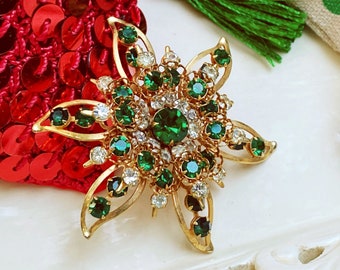 Vintage Emerald Green and Gold Poinsettia Brooch, Rhinestone Brooch, Costume Jewelry, Christmas Pin, Stocking Stuffer Christmas Gift