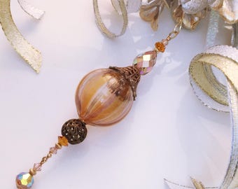 Round Amber & Rose Gold Stripe Murano Glass Ornament with Vintage Swarovski Crystals