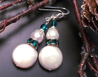 Silver Snowman Earrings, White Pearl Snowman Earrings, Emerald Green Holiday Jewelry Stocking Stuffer Gift for Grandma, for Her Solstice