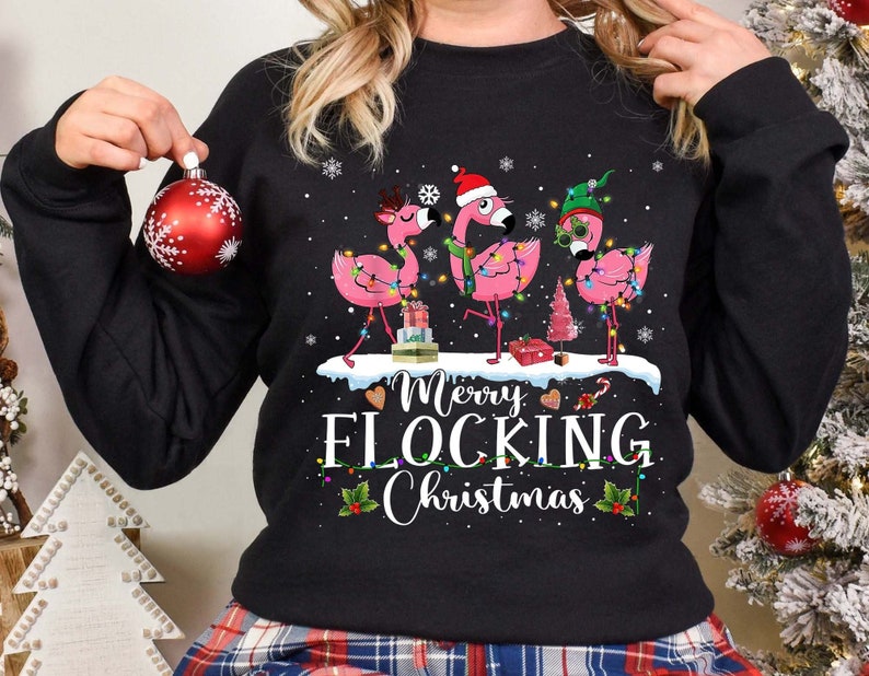 Merry Flocking Christmas Sweatshirt Flamingo In Snow Tee image 1