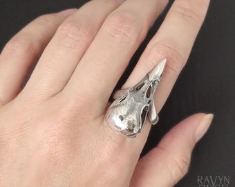 Raven Skull Ring, Size 9.5, Sterling silver crow skull ring, fantasy evil queen bird skull ring for women, cool mens ring, 925 viking gift